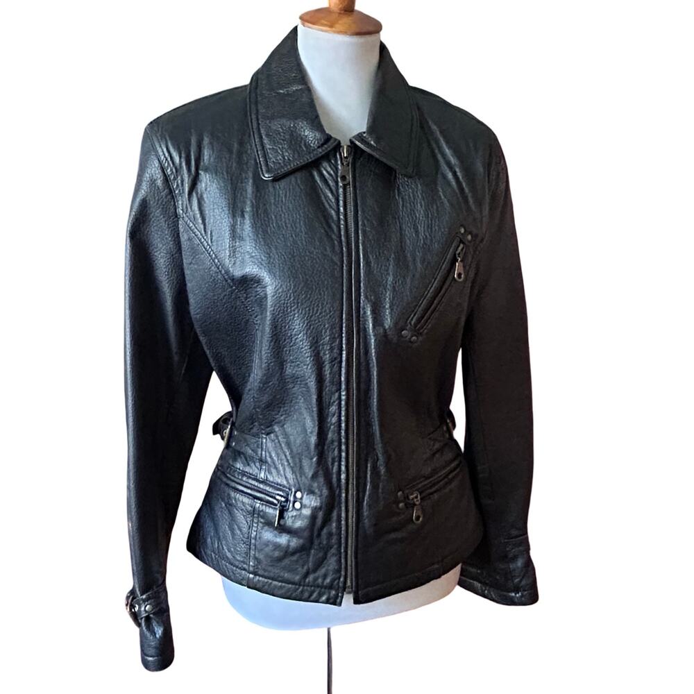 1990s Tannery West Black Leather Moto Jacket Asymmetrical Zip Pleated Waist